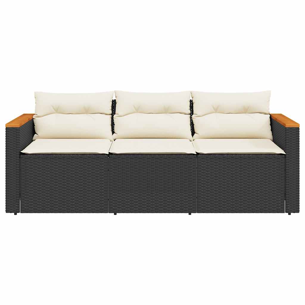 Gartensofa mit Kissen 3-Sitzer Schwarz Poly Rattan