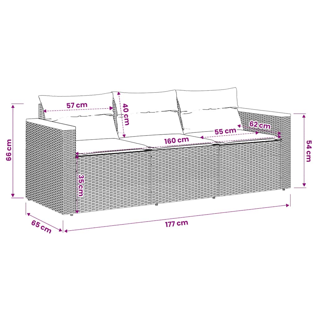 Gartensofa mit Kissen 3-Sitzer Schwarz Poly Rattan