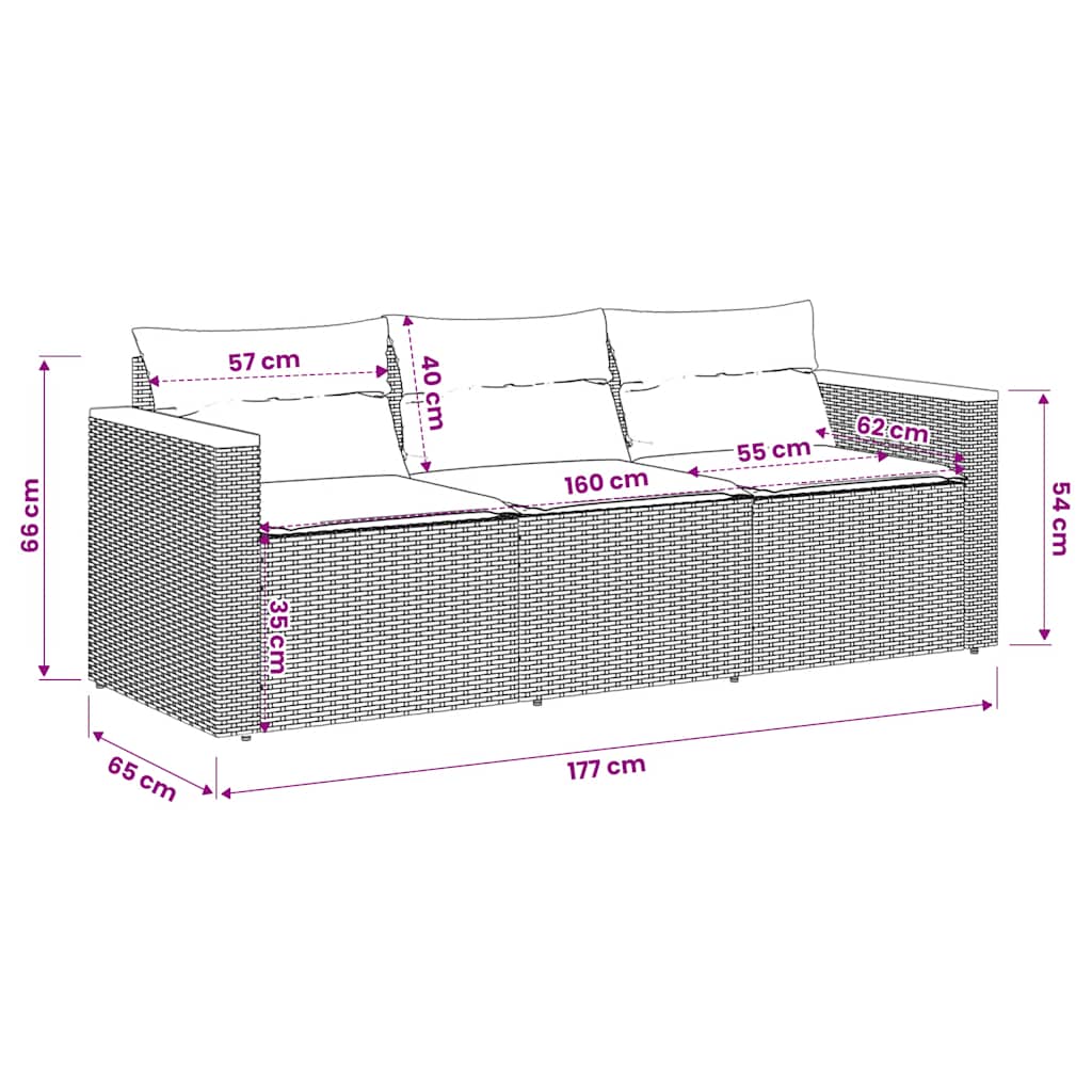 Gartensofa mit Kissen 3-Sitzer Grau Poly Rattan
