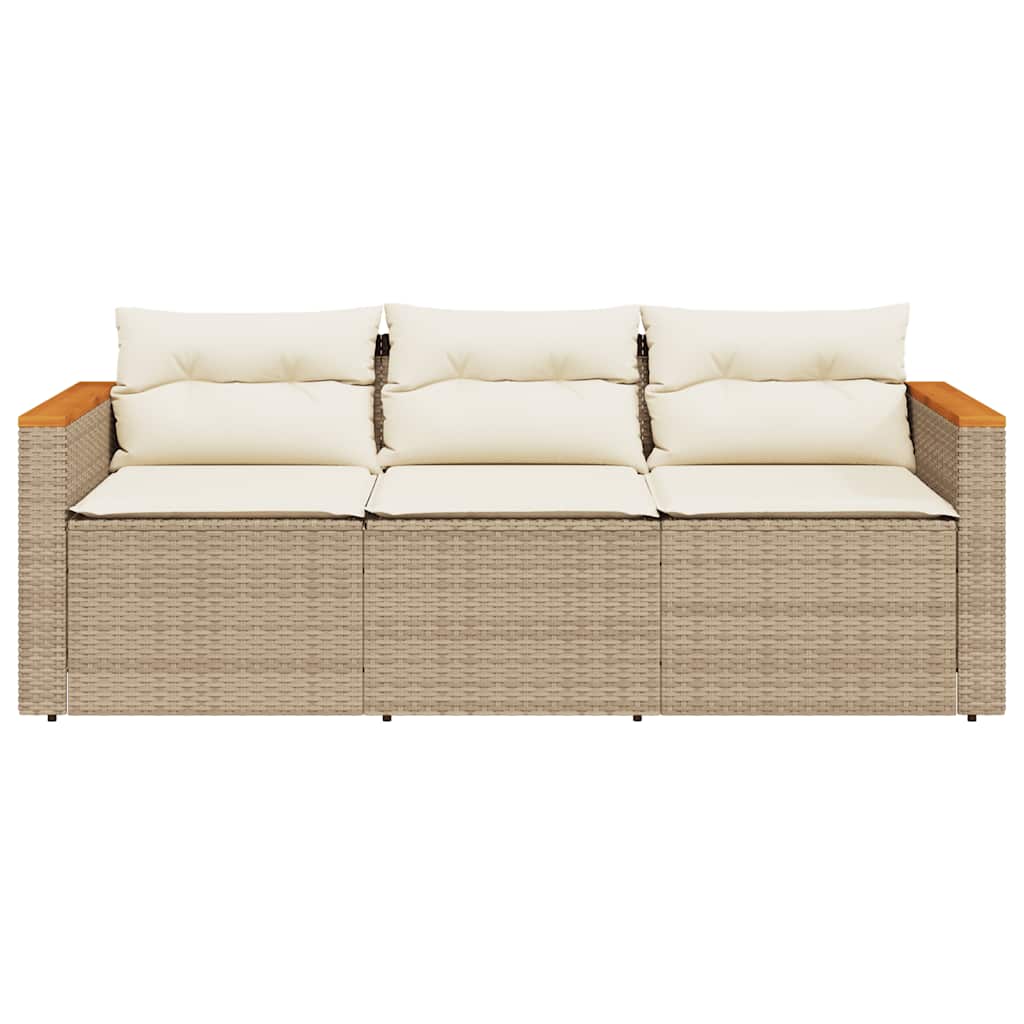 Gartensofa mit Kissen 3-Sitzer Beige Poly Rattan