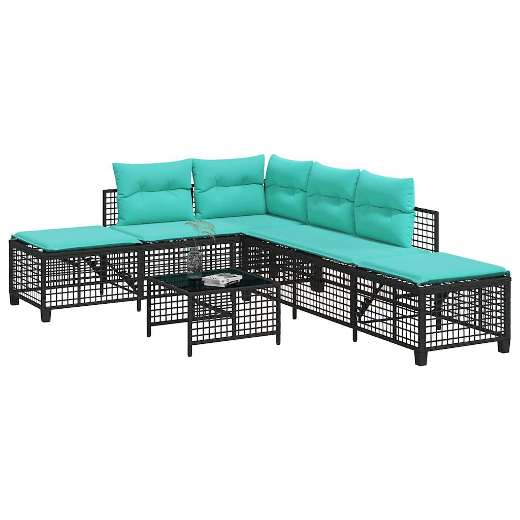 3-teiliges Ecksofa-Set für den Garten mit Kissen, schwarzes Polyrattan