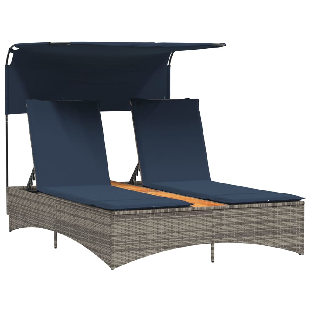 Doppel-Sonnenliege mit Dach und Kissen Grau Poly Rattan