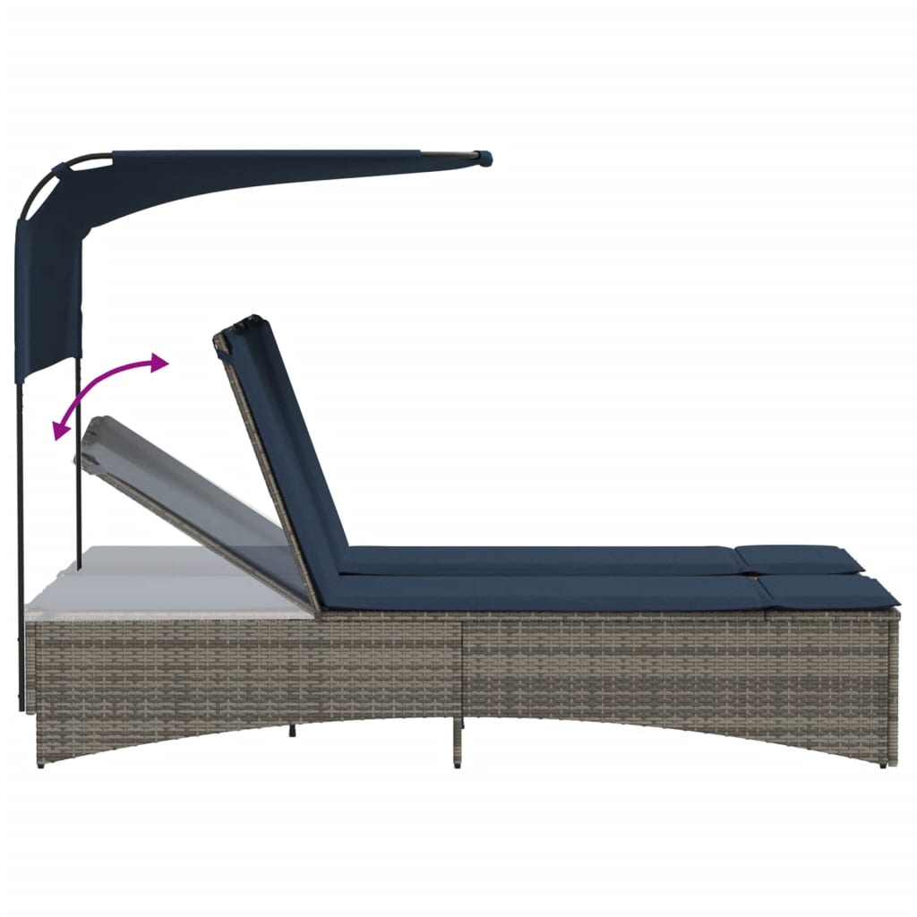 Doppel-Sonnenliege mit Dach und Kissen Grau Poly Rattan