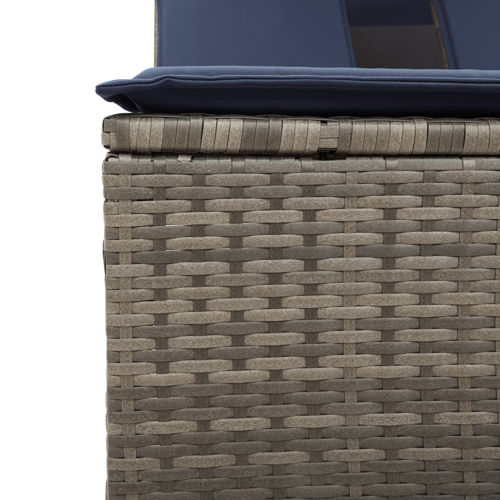 Doppel-Sonnenliege mit Dach und Kissen Grau Poly Rattan
