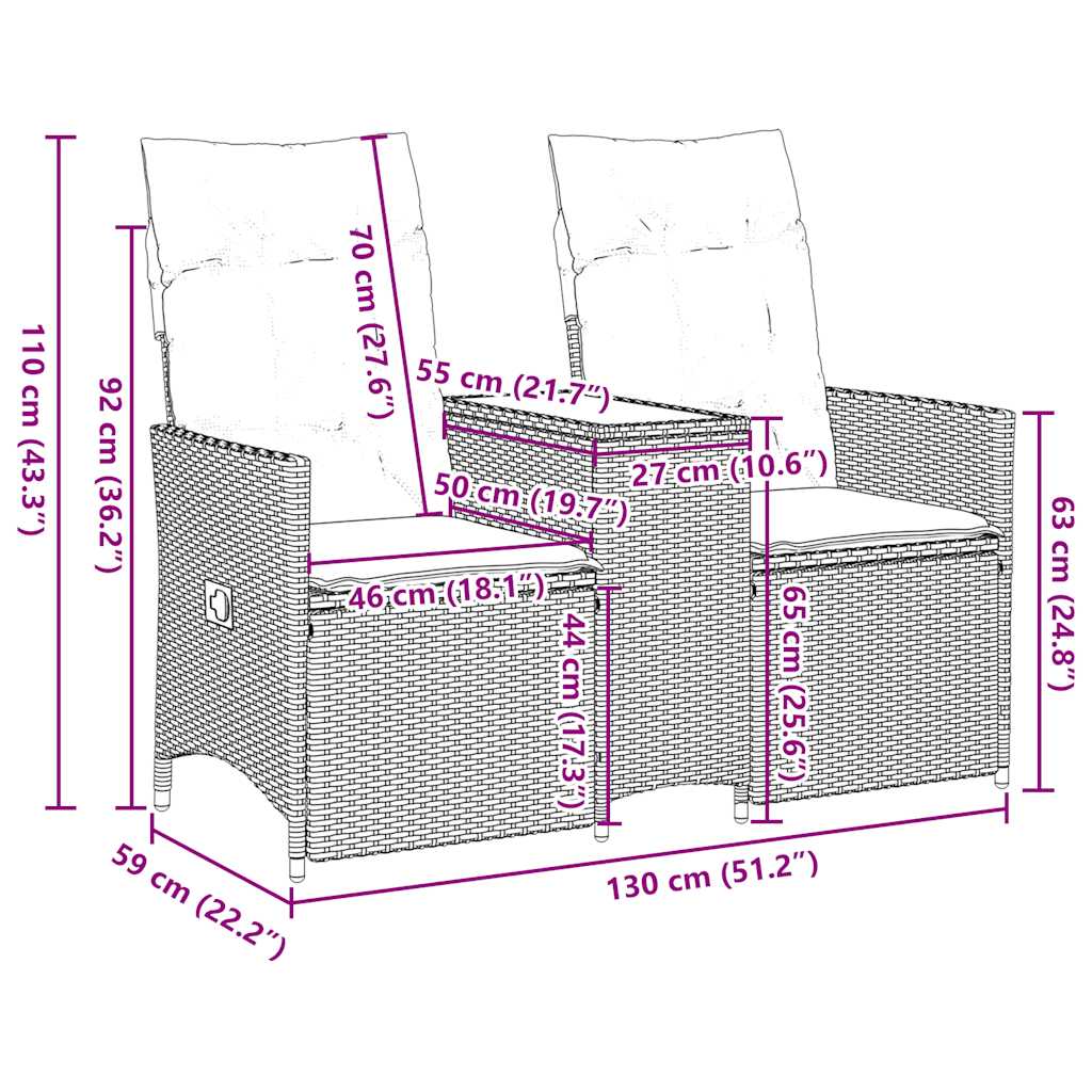 Gartensofa Verstellbar 2-Sitzer mit Tisch Grau Poly Rattan