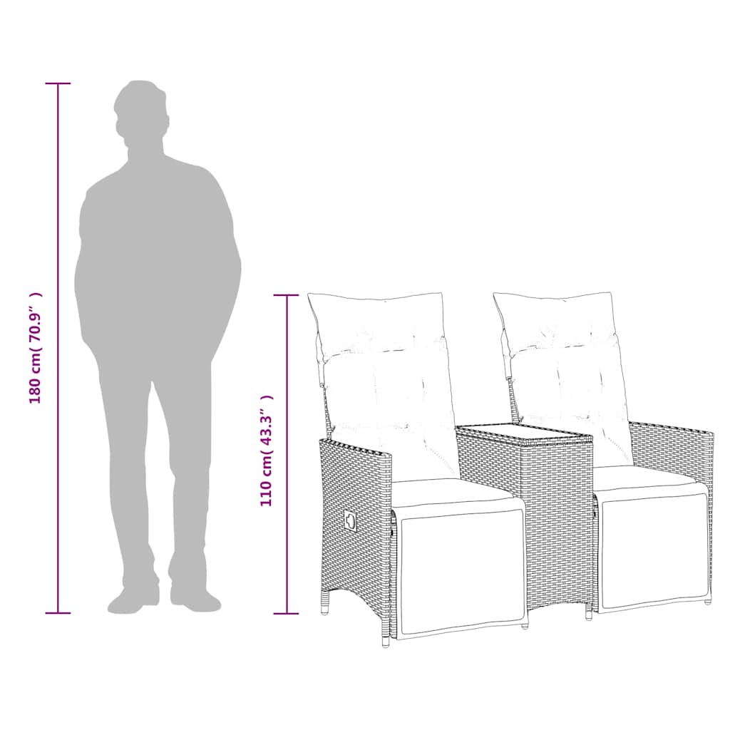 Gartensofa Verstellbar 2-Sitzer mit Tisch Grau Poly Rattan