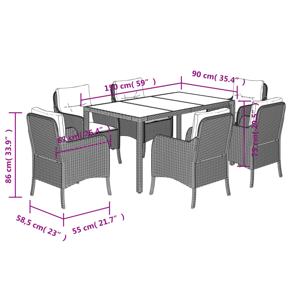 7-tlg. Garten-Essgruppe mit Kissen Grau Poly Rattan