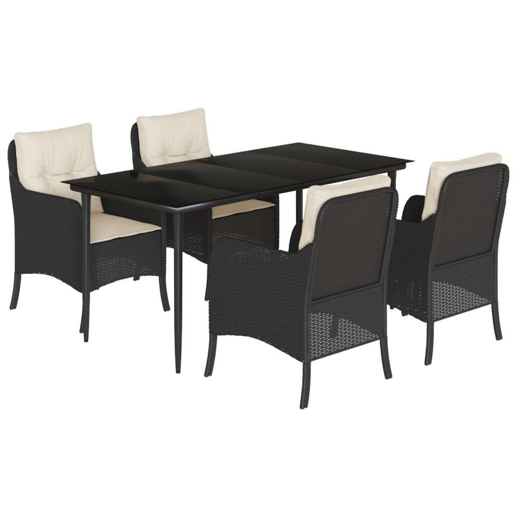 5-tlg. Garten-Essgruppe mit Kissen Schwarz Poly Rattan