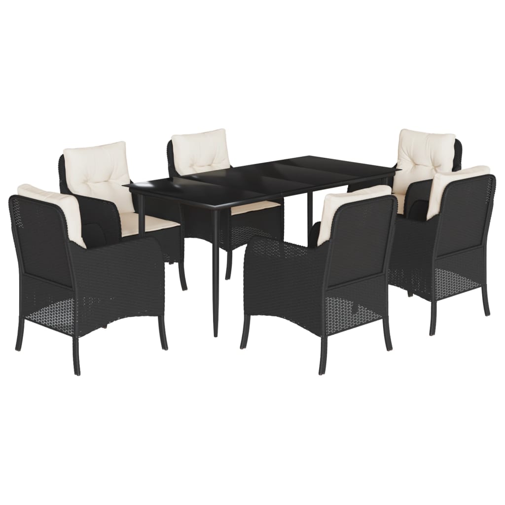 7-tlg. Garten-Essgruppe mit Kissen Schwarz Poly Rattan