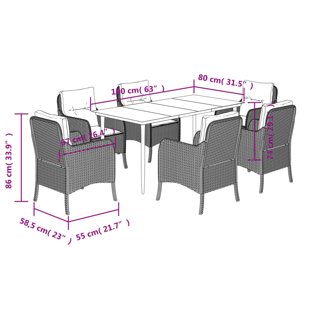 7-tlg. Garten-Essgruppe mit Kissen Schwarz Poly Rattan