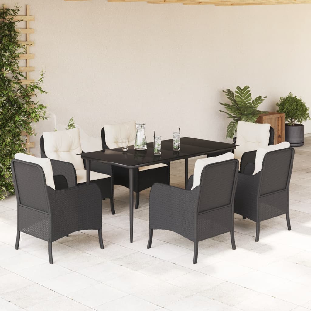 7-tlg. Garten-Essgruppe mit Kissen Schwarz Poly Rattan
