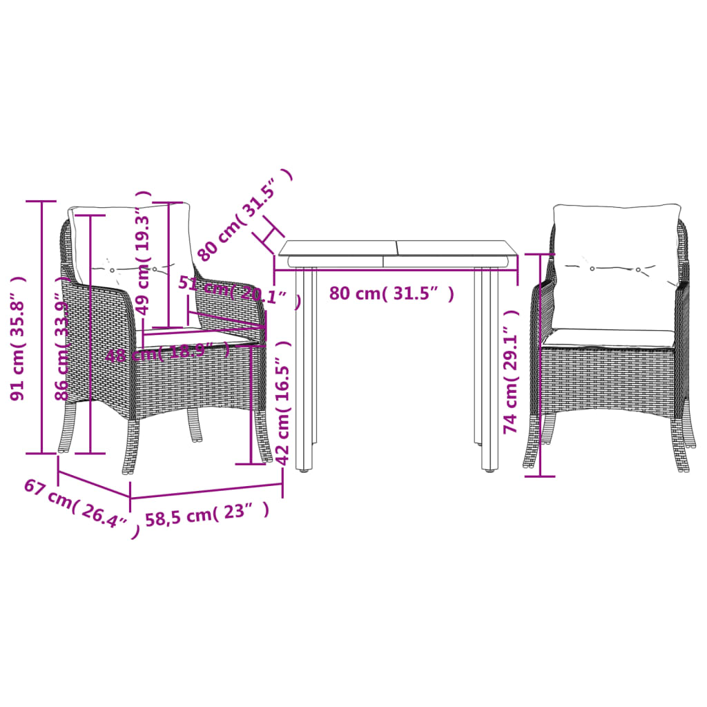 3-tlg. Garten-Essgruppe mit Kissen Schwarz Poly Rattan