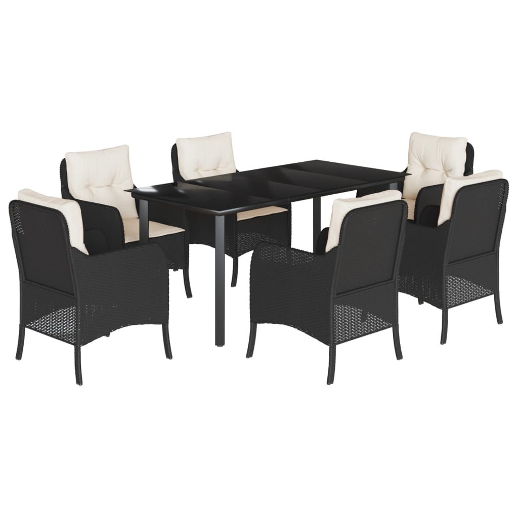 7-tlg. Garten-Essgruppe mit Kissen Schwarz Poly Rattan