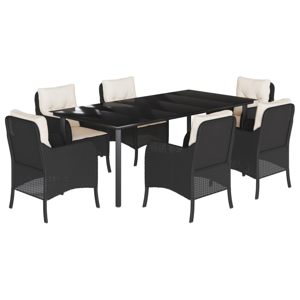 7-tlg. Garten-Essgruppe mit Kissen Schwarz Poly Rattan
