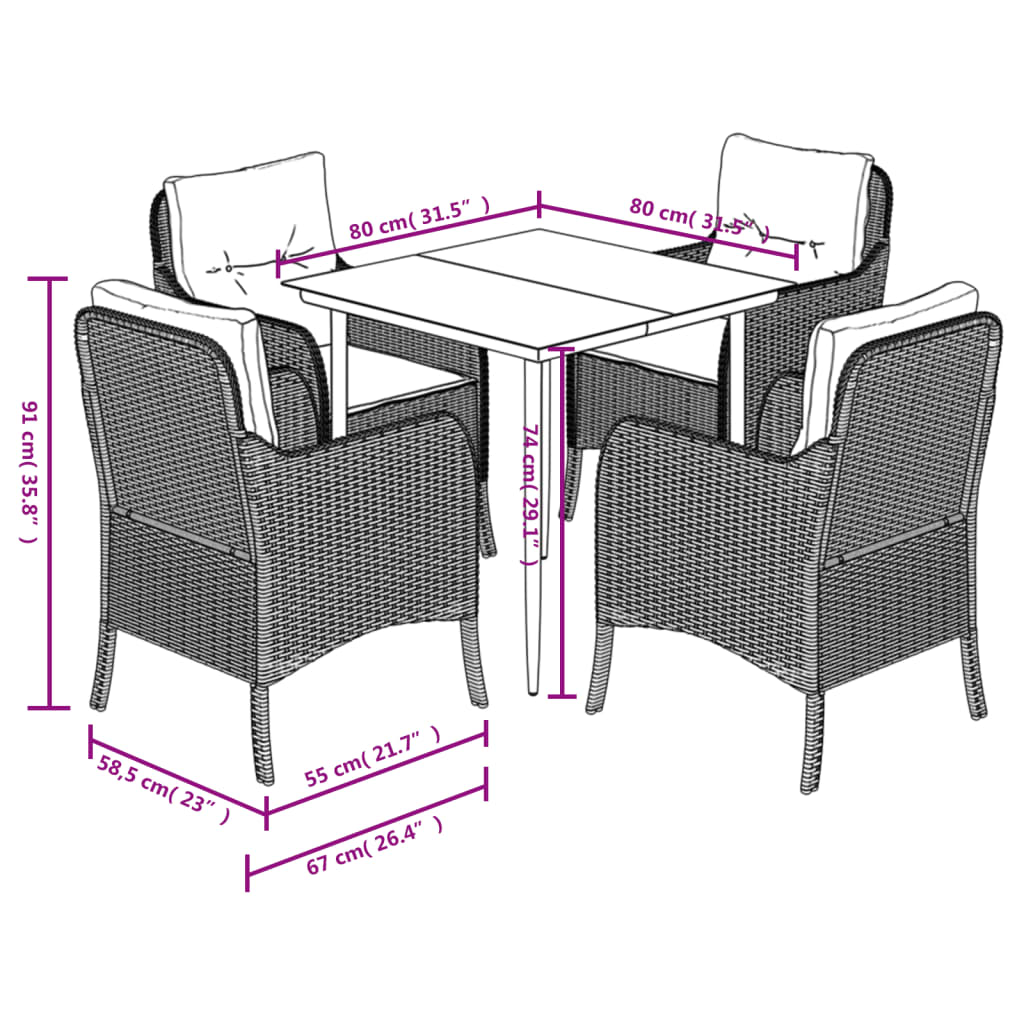 5-tlg. Garten-Essgruppe mit Kissen Schwarz Poly Rattan