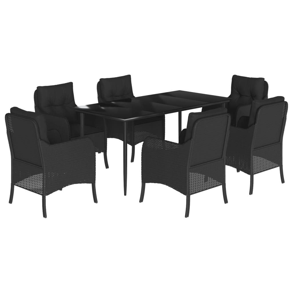 7-tlg. Garten-Essgruppe mit Kissen Schwarz Poly Rattan