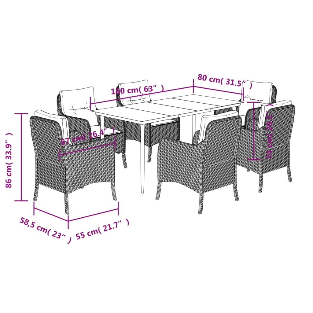 7-tlg. Garten-Essgruppe mit Kissen Schwarz Poly Rattan