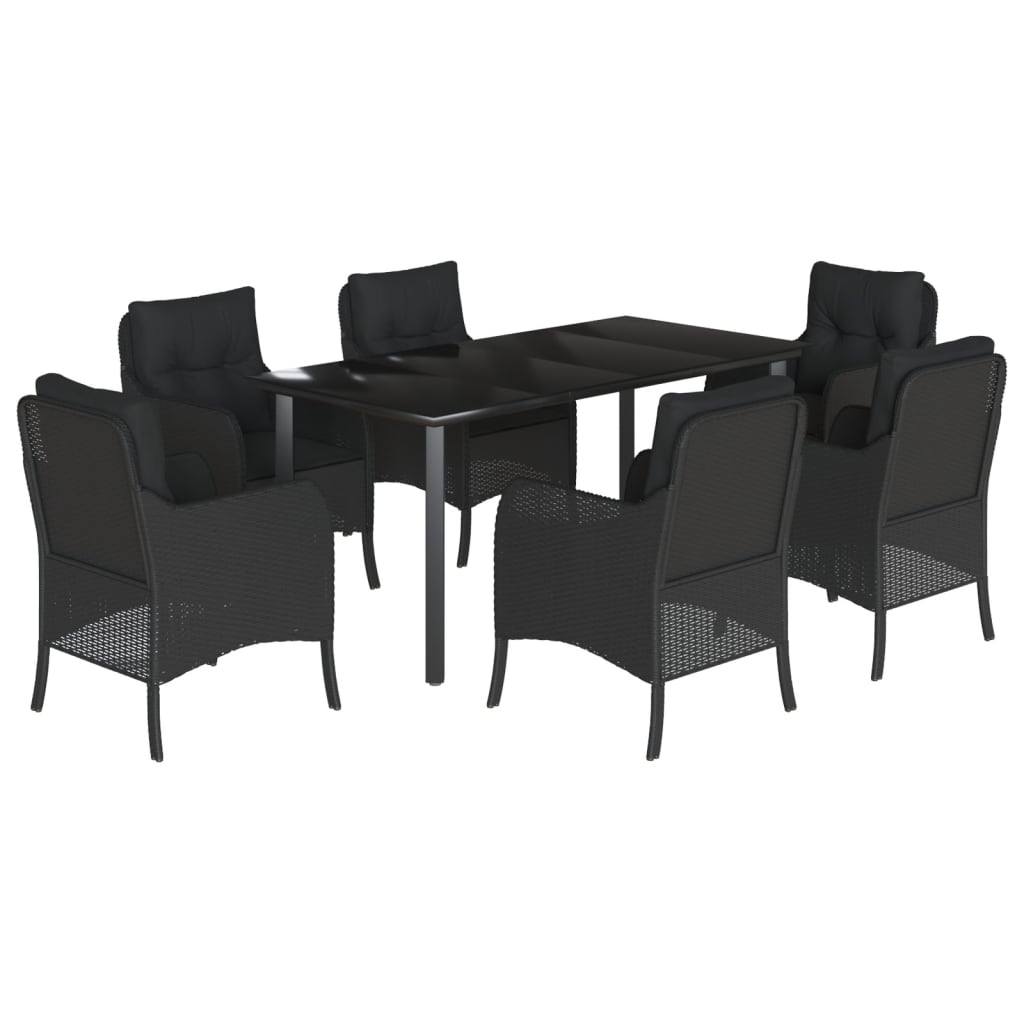 7-tlg. Garten-Essgruppe mit Kissen Schwarz Poly Rattan