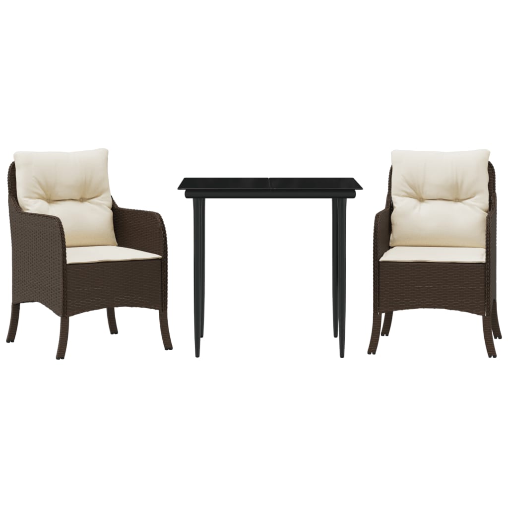 3-tlg. Garten-Essgruppe mit Kissen Braun Poly Rattan