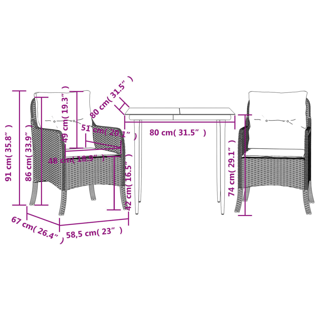 3-tlg. Garten-Essgruppe mit Kissen Braun Poly Rattan