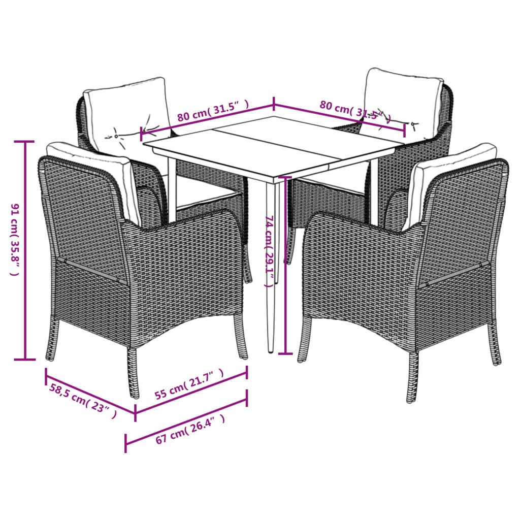 5-tlg. Garten-Essgruppe mit Kissen Braun Poly Rattan
