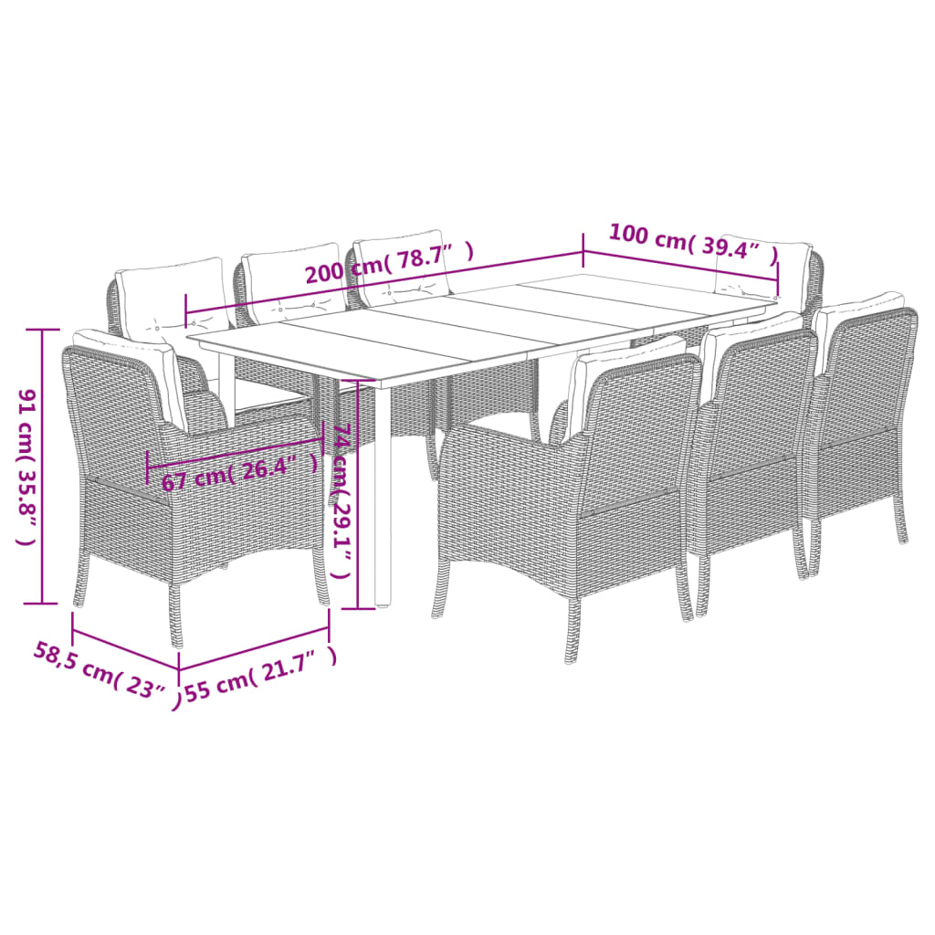 9-tlg. Garten-Essgruppe mit Kissen Braun Poly Rattan