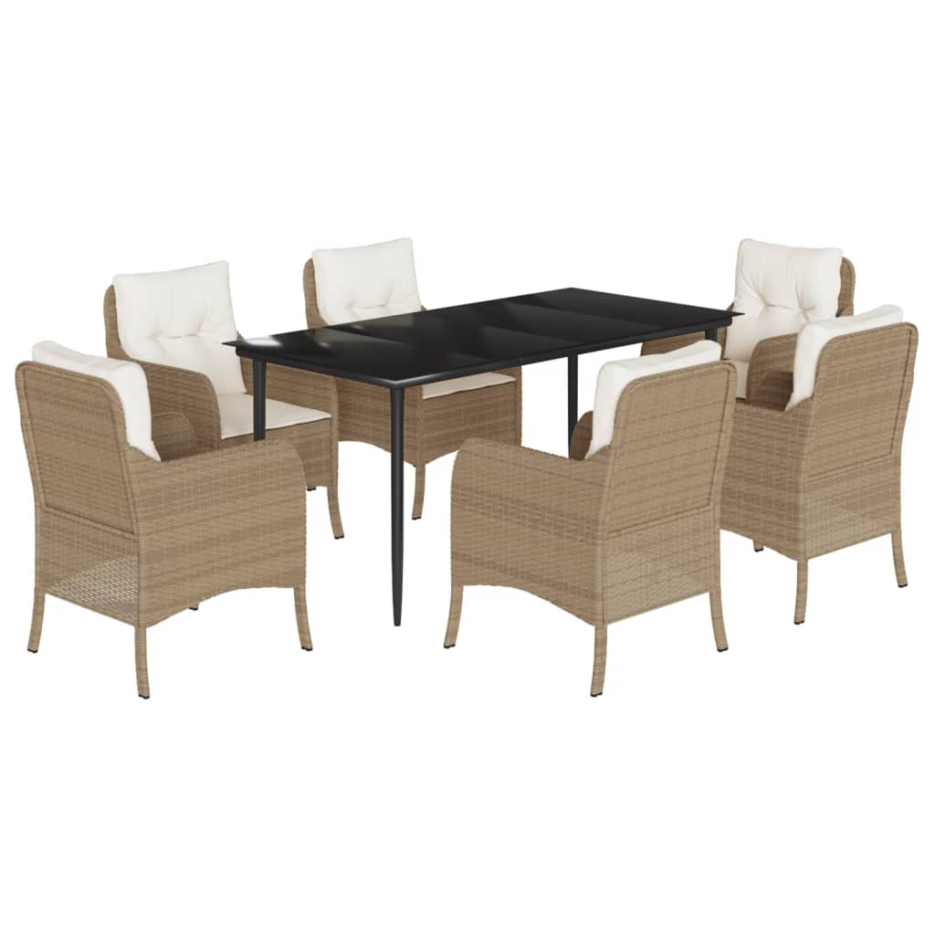 7-tlg. Garten-Essgruppe mit Kissen Beige Poly Rattan