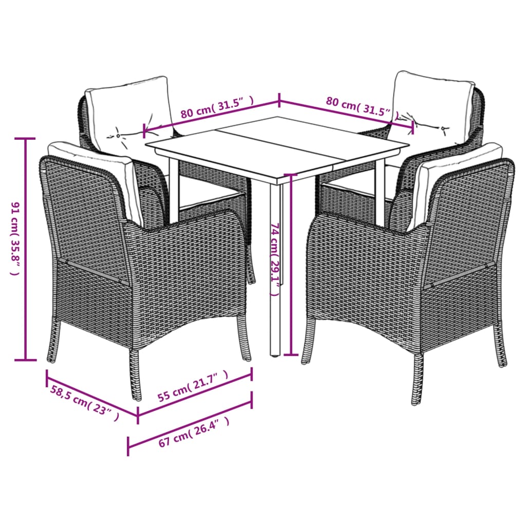 5-tlg. Garten-Essgruppe mit Kissen Beige Poly Rattan