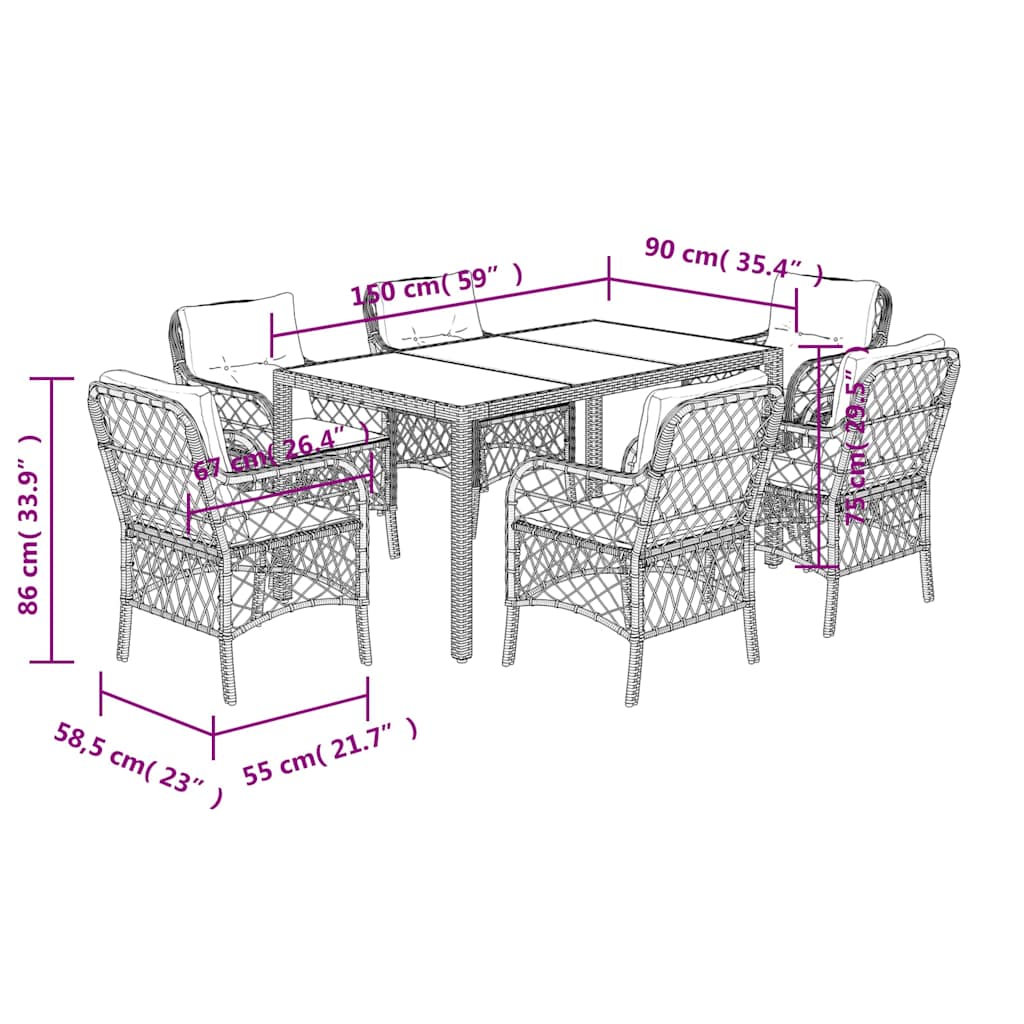 7-tlg. Garten-Essgruppe mit Kissen Grau Poly Rattan