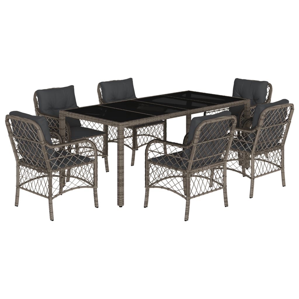 7-tlg. Garten-Essgruppe mit Kissen Grau Poly Rattan