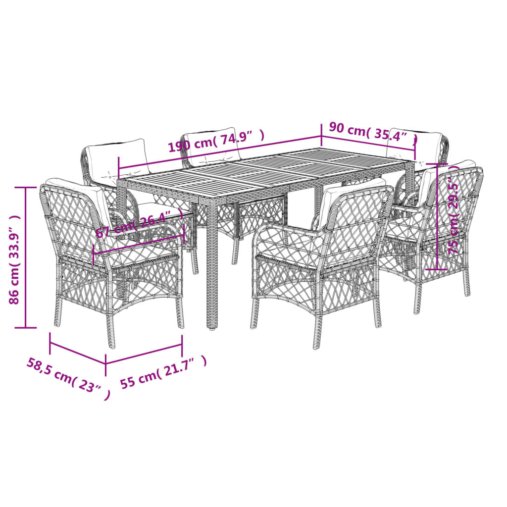 7-tlg. Garten-Essgruppe mit Kissen Schwarz Poly Rattan