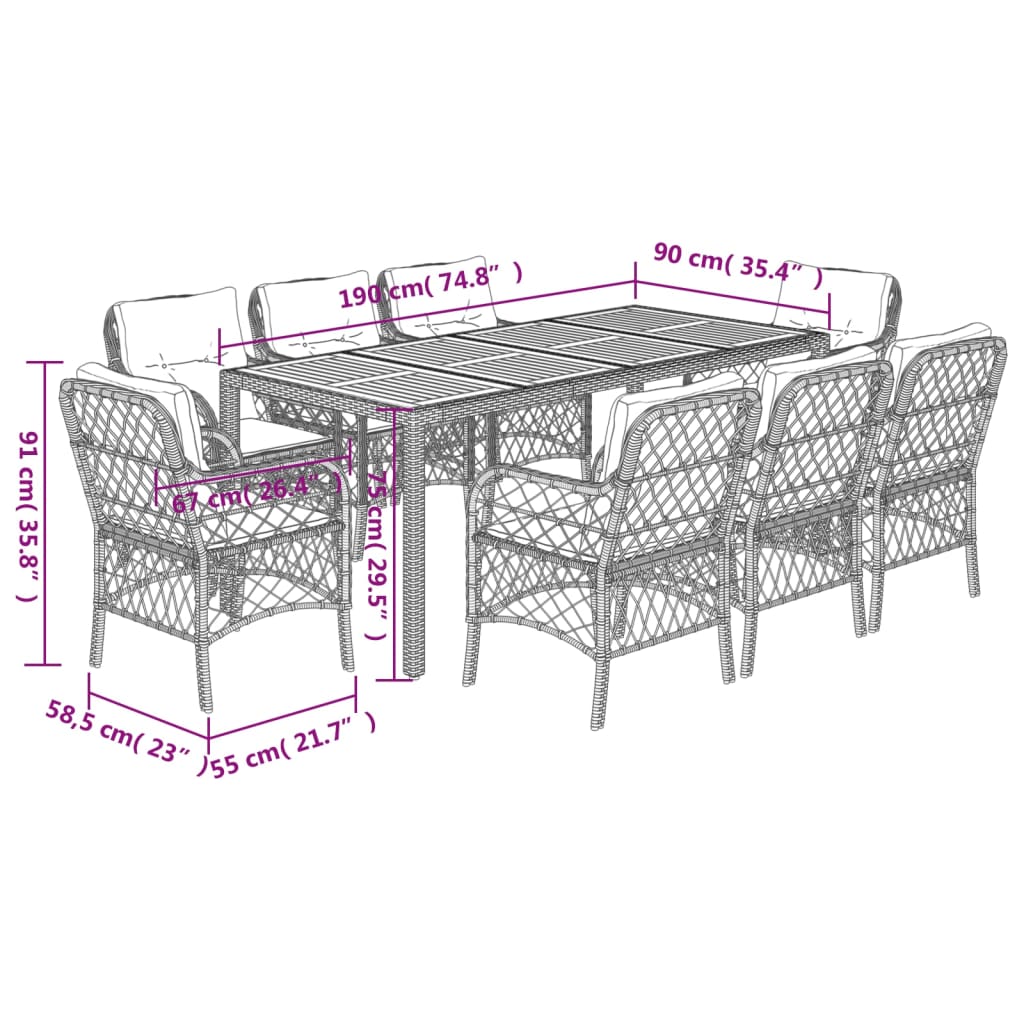 9-tlg. Garten-Essgruppe mit Kissen Schwarz Poly Rattan