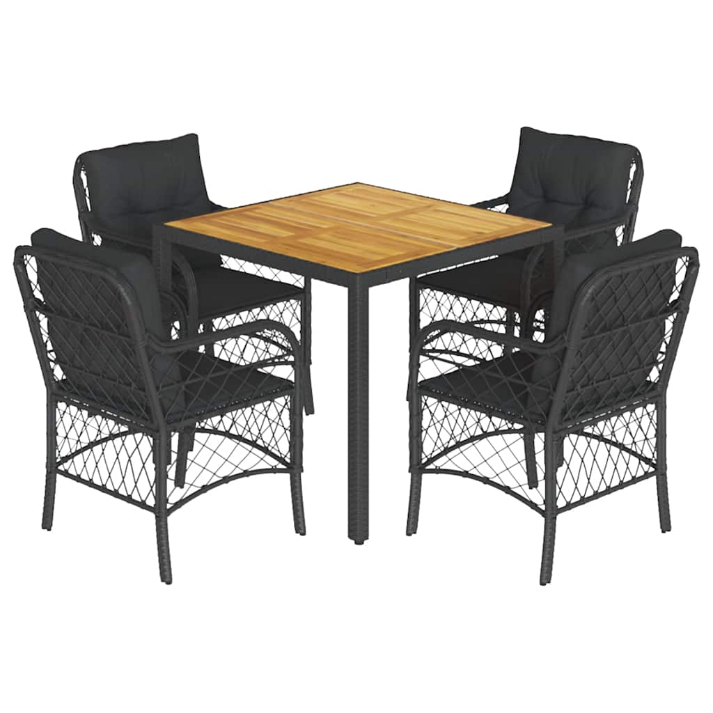 5-tlg. Garten-Essgruppe mit Kissen Schwarz Poly Rattan