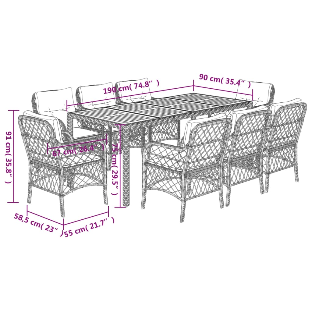9-tlg. Garten-Essgruppe mit Kissen Schwarz Poly Rattan