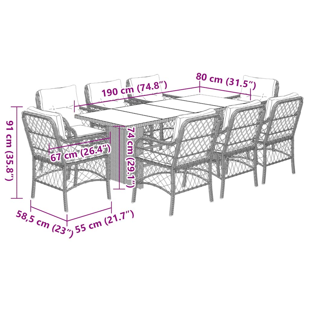 9-tlg. Garten-Essgruppe mit Kissen Grau Poly Rattan