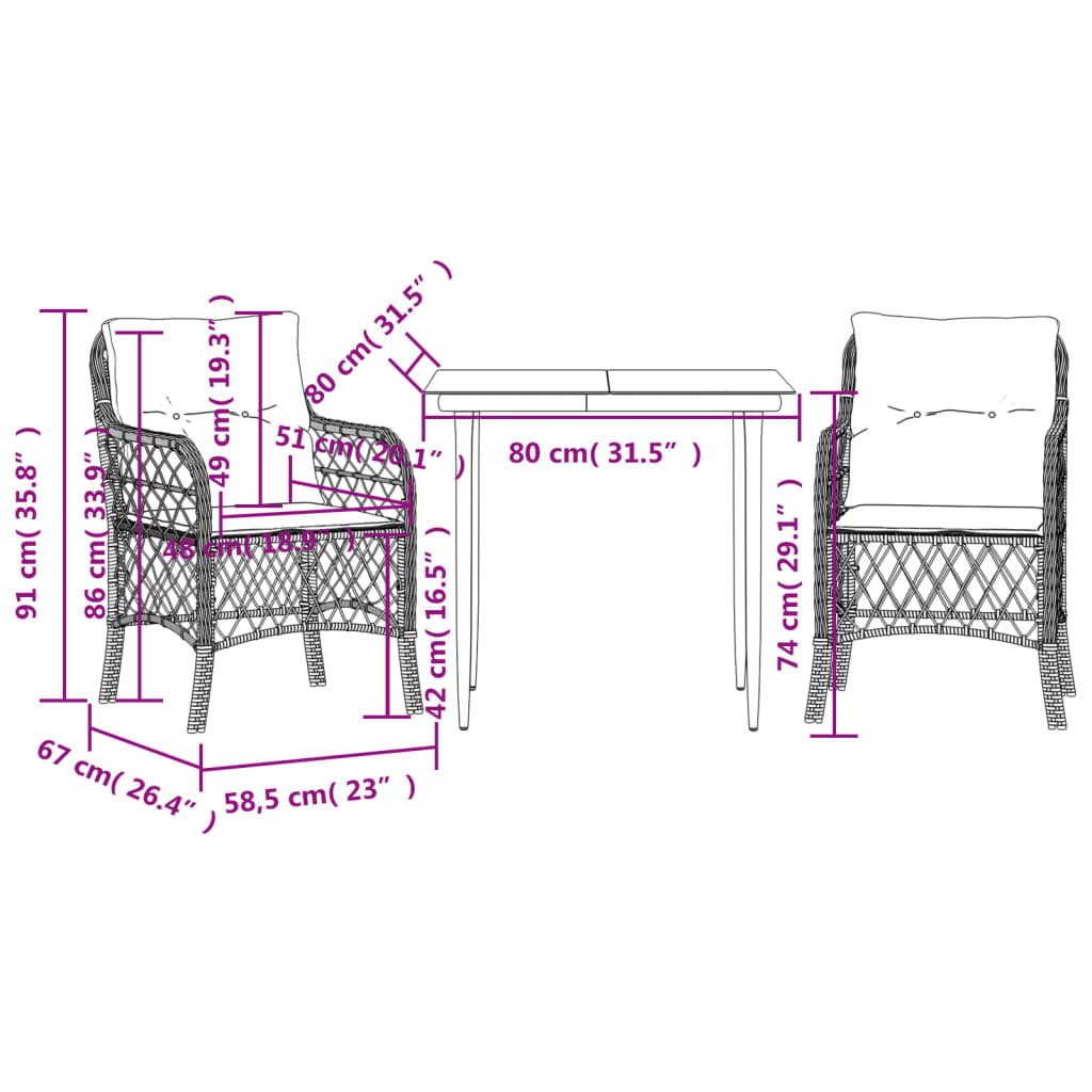 3-tlg. Bistro-Set mit Kissen Schwarz Poly Rattan