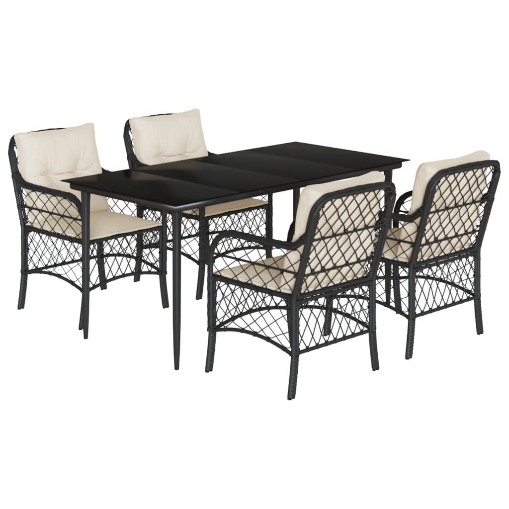 5-tlg. Garten-Essgruppe mit Kissen Schwarz Poly Rattan