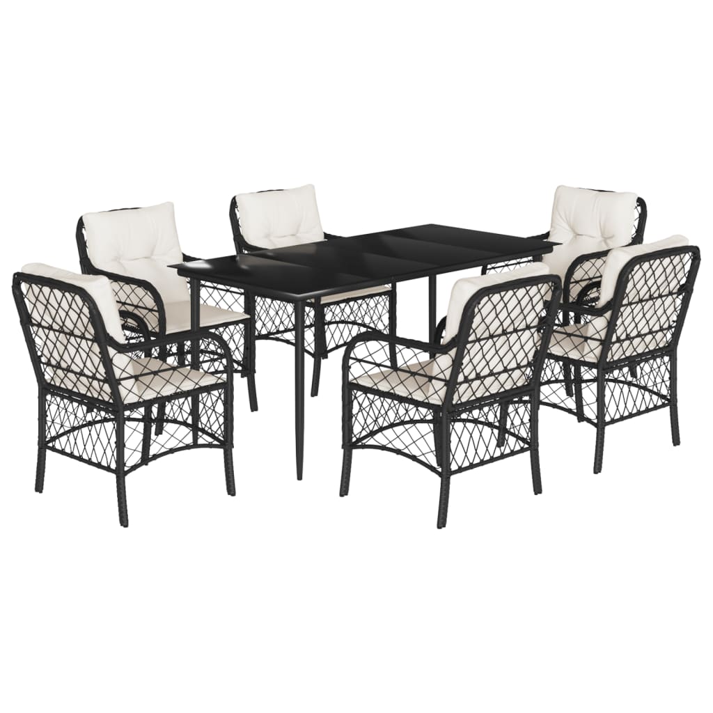 7-tlg. Garten-Essgruppe mit Kissen Schwarz Poly Rattan