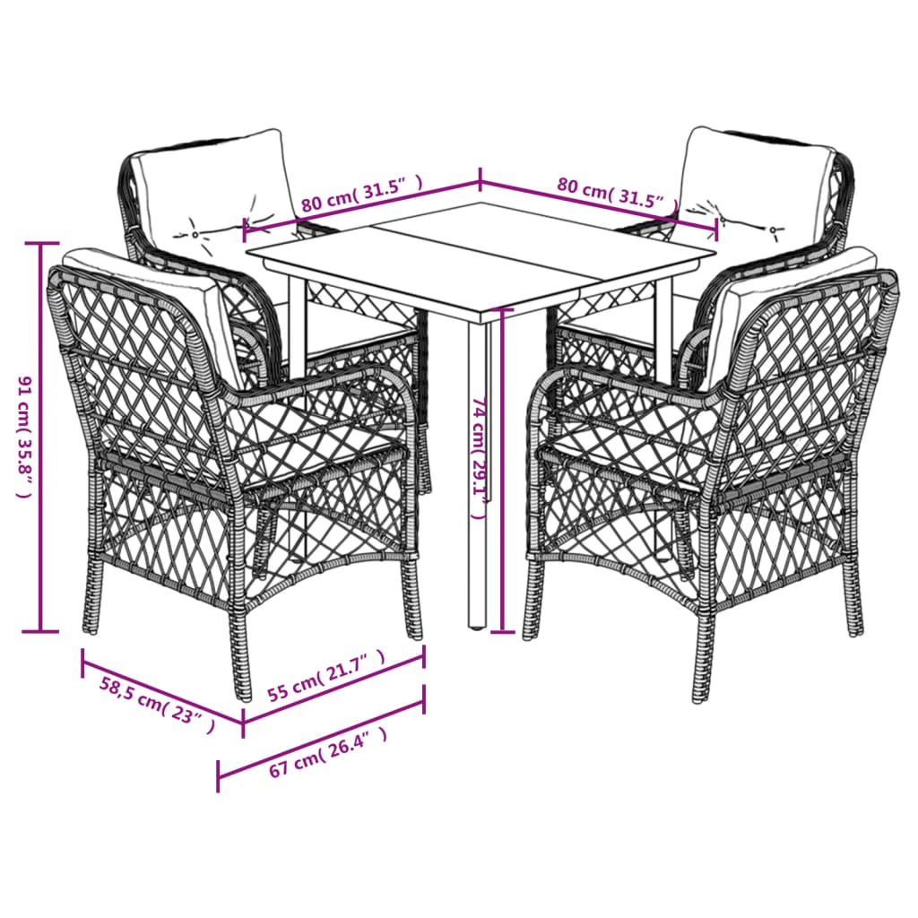 5-tlg. Garten-Essgruppe mit Kissen Schwarz Poly Rattan