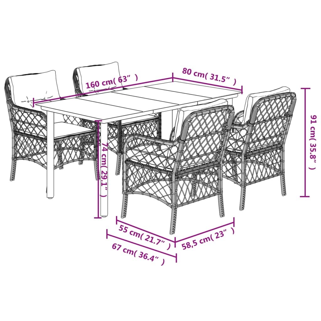 5-tlg. Garten-Essgruppe mit Kissen Schwarz Poly Rattan