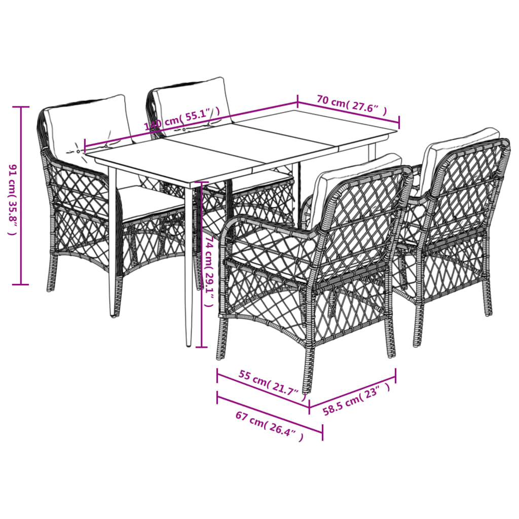 5-tlg. Garten-Essgruppe mit Kissen Schwarz Poly Rattan