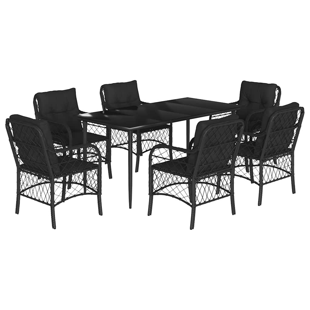 7-tlg. Garten-Essgruppe mit Kissen Schwarz Poly Rattan
