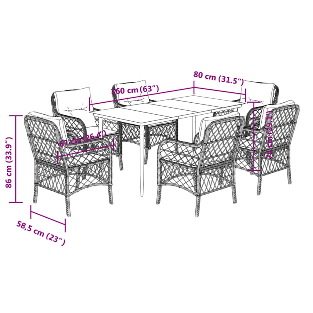 7-tlg. Garten-Essgruppe mit Kissen Schwarz Poly Rattan