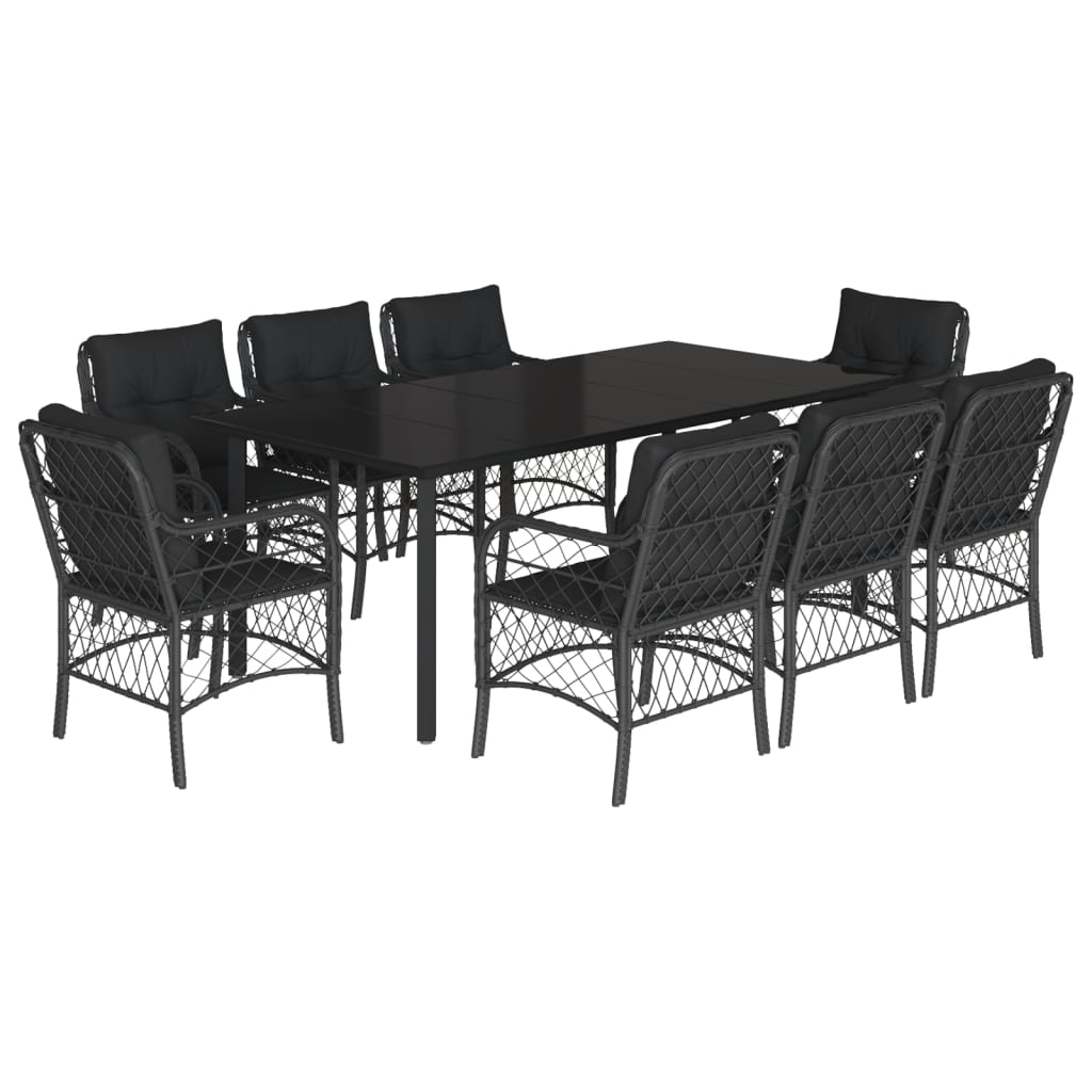9-tlg. Garten-Essgruppe mit Kissen Schwarz Poly Rattan