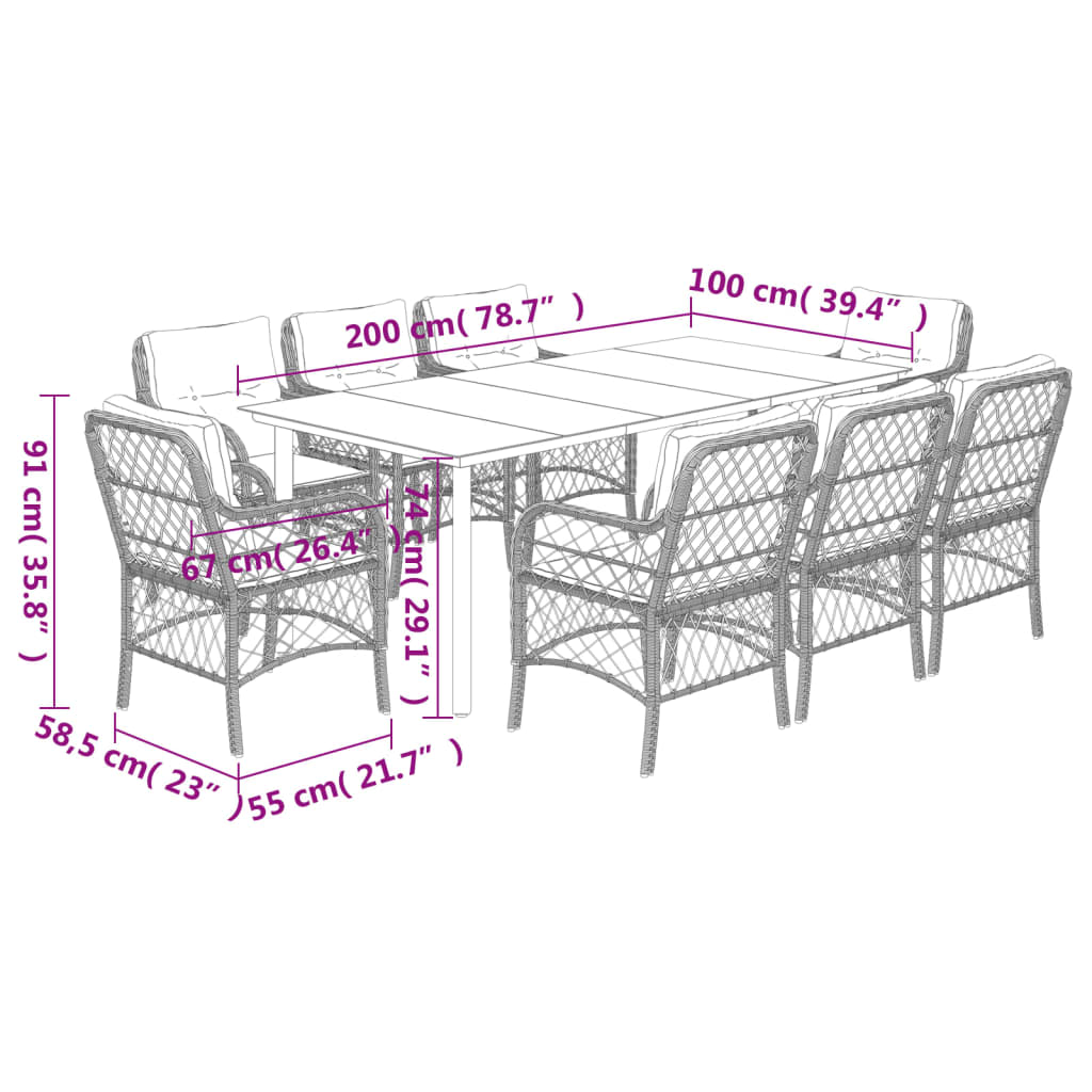 9-tlg. Garten-Essgruppe mit Kissen Schwarz Poly Rattan