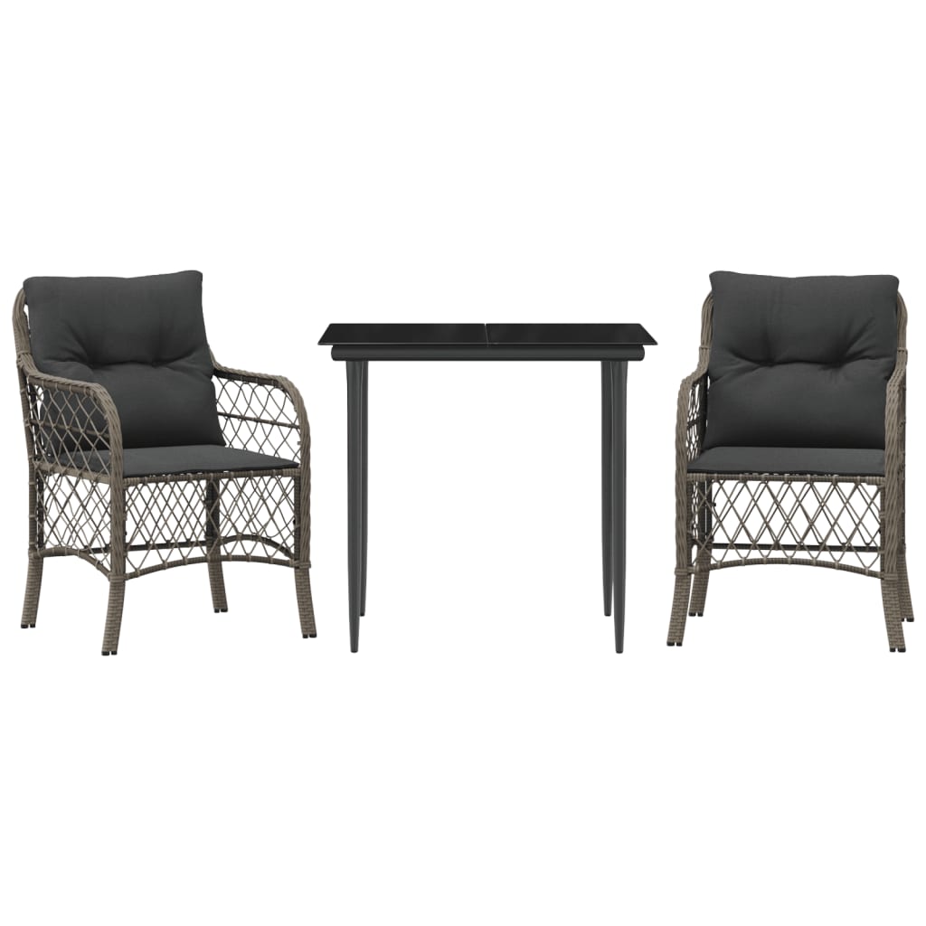 3-tlg. Bistro-Set mit Kissen Grau Poly Rattan