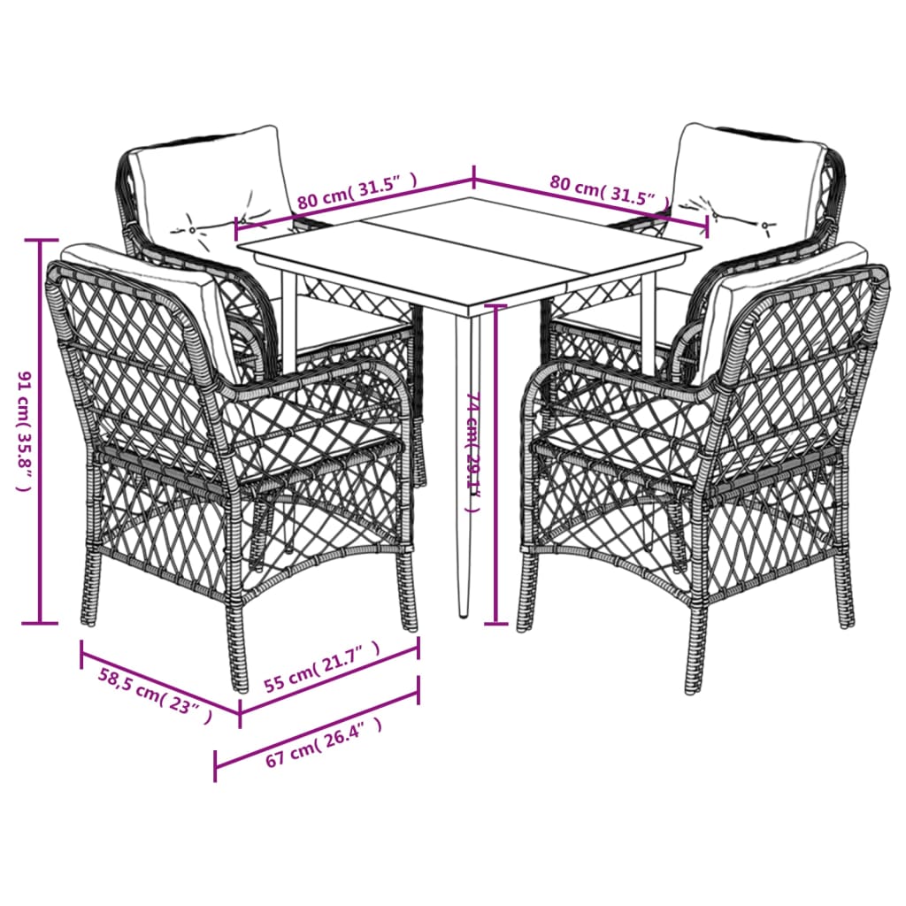 5-tlg. Garten-Essgruppe mit Kissen Grau Poly Rattan