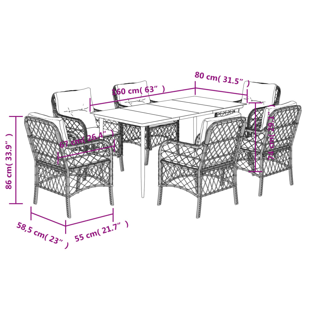 7-tlg. Garten-Essgruppe mit Kissen Grau Poly Rattan