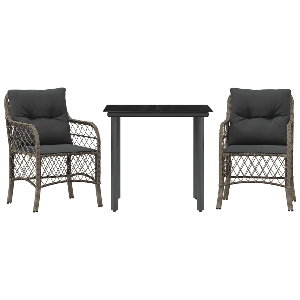 3-tlg. Bistro-Set mit Kissen Grau Poly Rattan