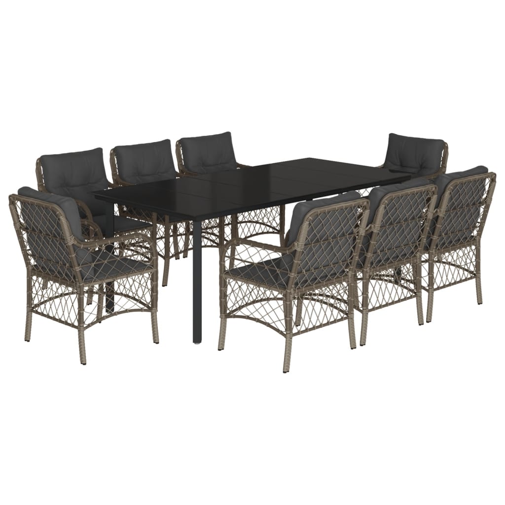 9-tlg. Garten-Essgruppe mit Kissen Grau Poly Rattan
